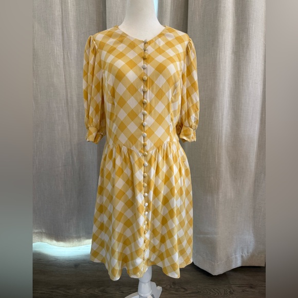 Reformation Dresses & Skirts - Reformation Dress Women's 10 Yellow Gingham Button Front Puff Sleeve Mini